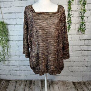 WOMENS MESH KNIT SWEATER, BROWN AND CREAM, OVERSIZED, SQUARE NECK, SIZE L